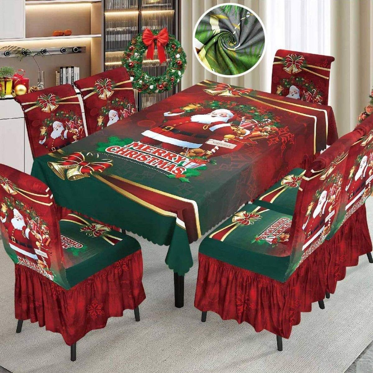 GENERICO - Mantel Navideño + 06 Forros Funda De Silla Decoración Navidad