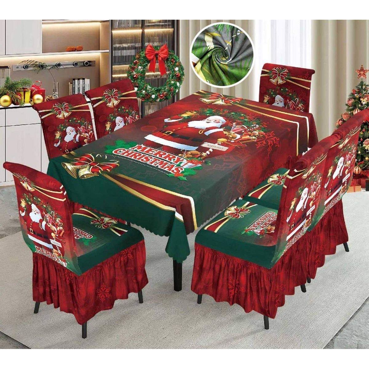 GENERICO - Mantel Navideño + 06 Forros Funda De Silla Decoración Navidad