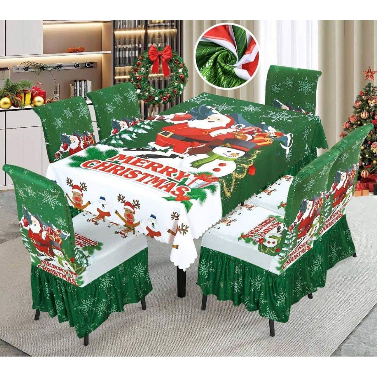 GENERICO - Mantel Navideño + 06 Forros Funda De Silla Decoración Navidad