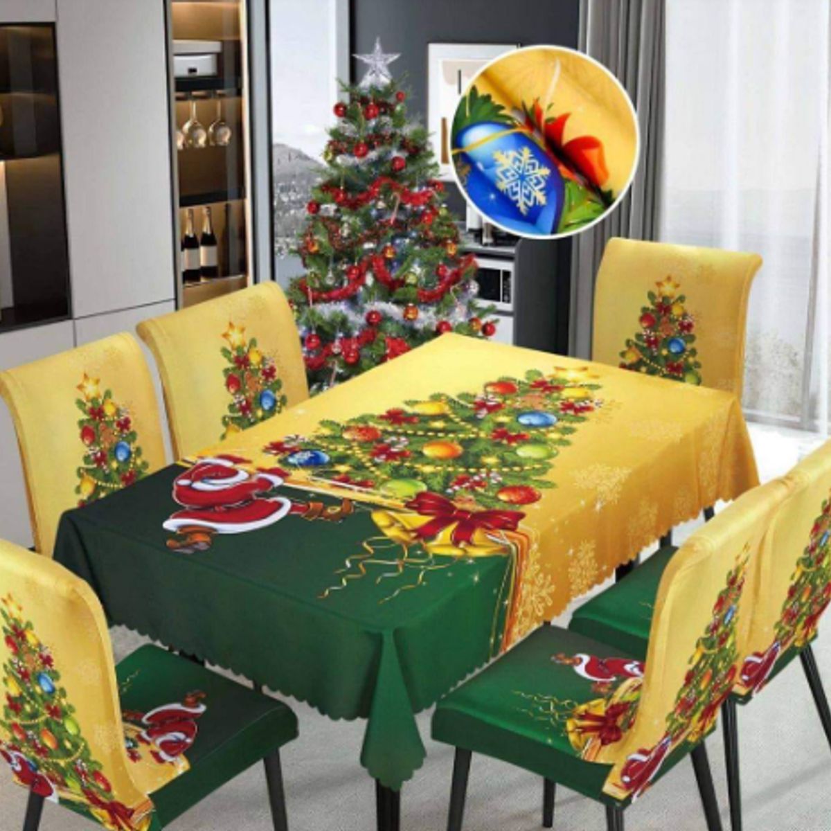 GENERICO - Mantel Navideño + 06 Forros Funda De Silla Decoración Navidad