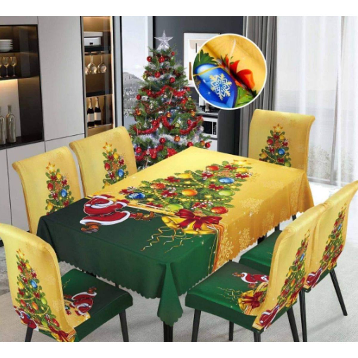 GENERICO - Mantel Navideño + 06 Forros Funda De Silla Decoración Navidad