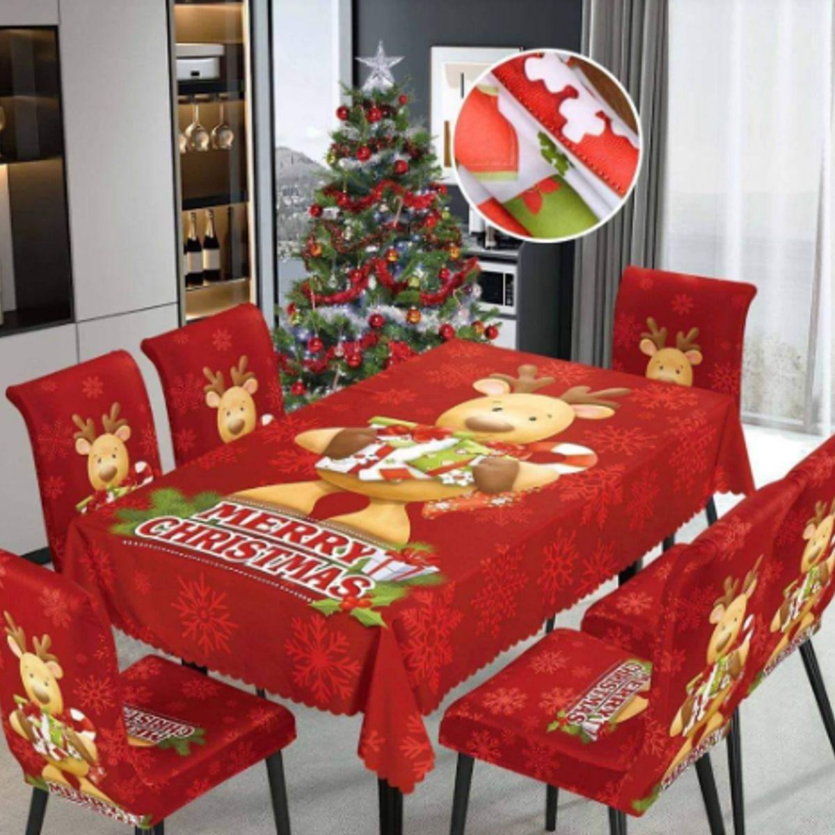 GENERICO - Mantel Navideño + 06 Forros Funda De Silla Decoración Navidad