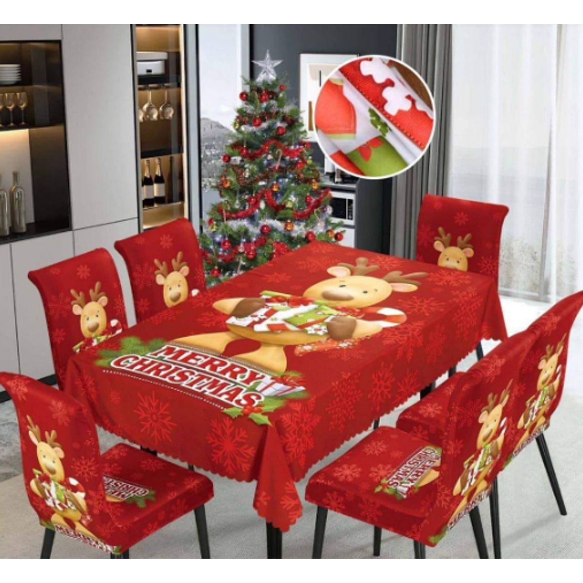 GENERICO - Mantel Navideño + 06 Forros Funda De Silla Decoración Navidad