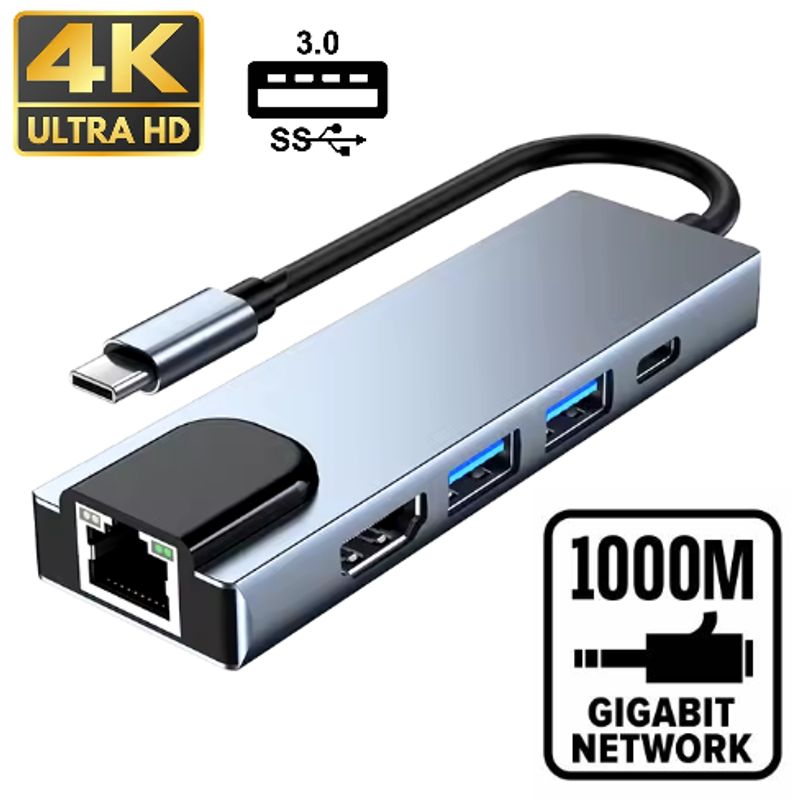 100 PERCENT - ADAPTADOR HUB TIPO C ETHERNET GIGABIT 1000 HDMI 4K USB 3.0 87w pd