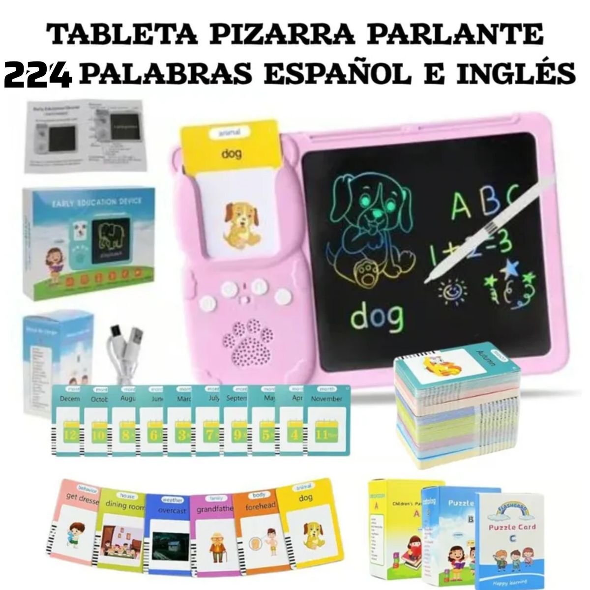 OEM - Tableta Didáctico Parlant 224 palabras Español Inglés ROSADO