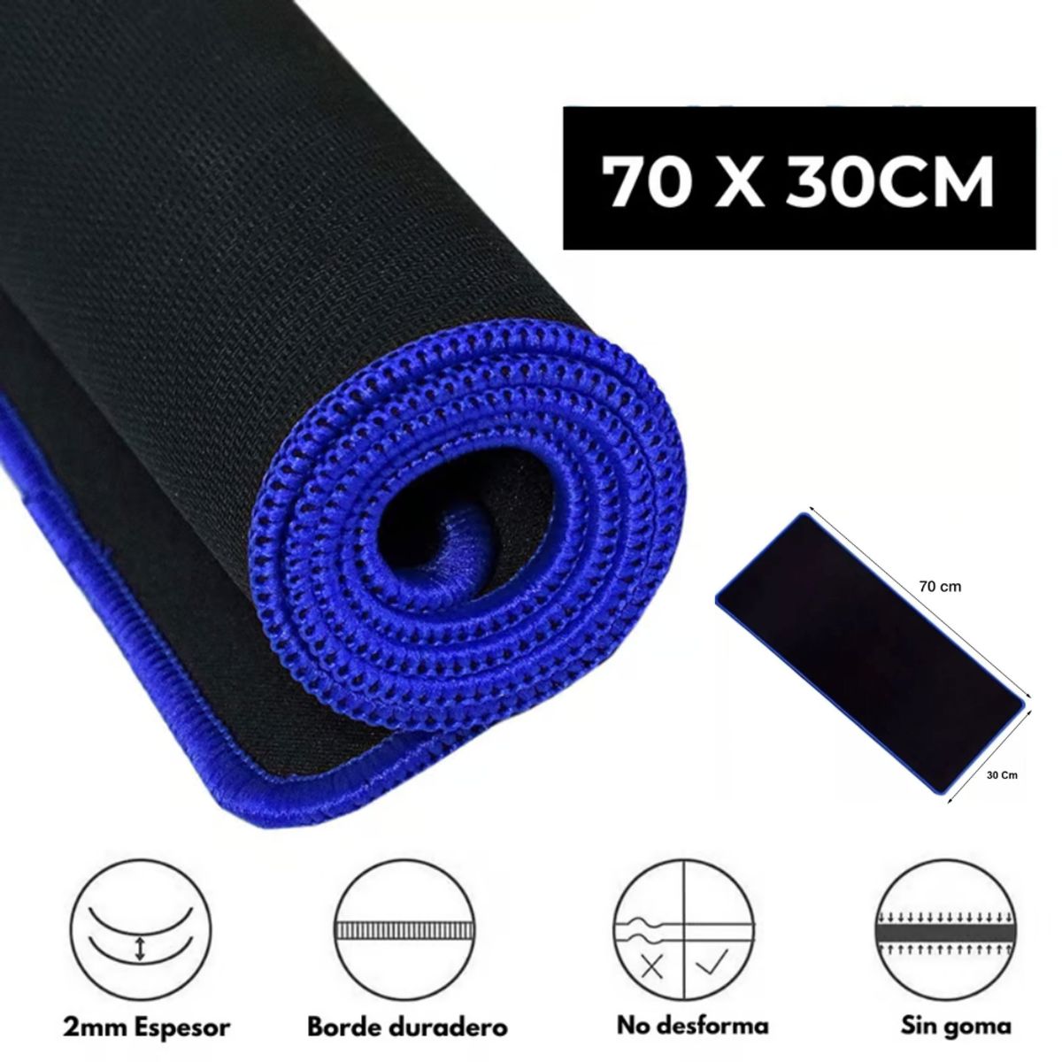 GENERICO - Pad Mouse Gamer Alfombrilla Antideslizante 70x30cm Borde Cosido Azul