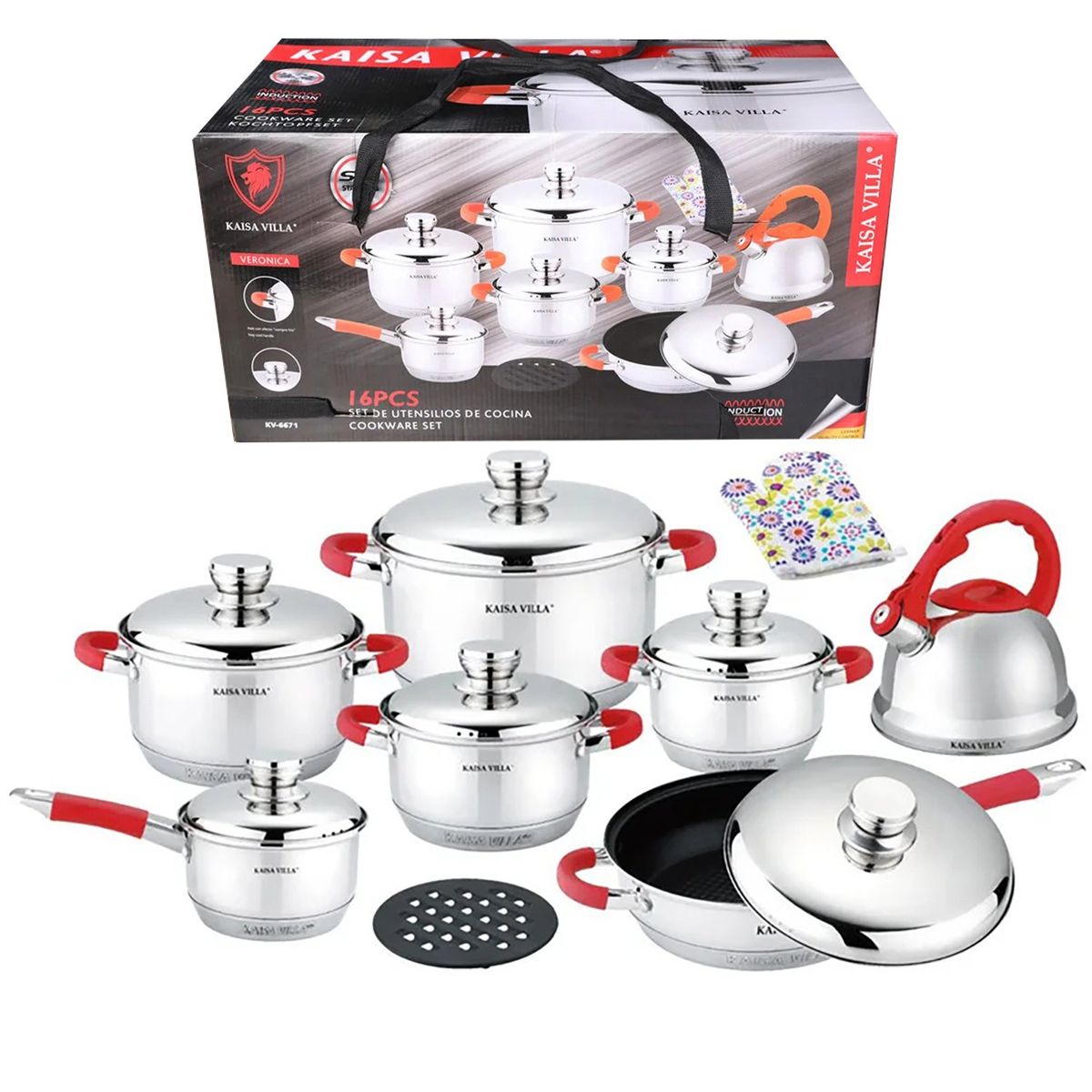 GENERICO - Set ollas KAISA VILLA con Tetera, total 16 piezas de acero inoxidable