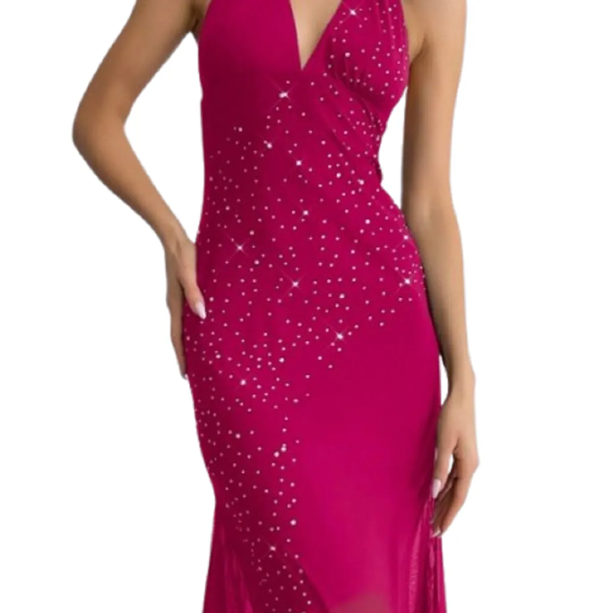 GENERICO - Vestido elegante fucsia sin mangas espalda descubierta decoración de pedrería