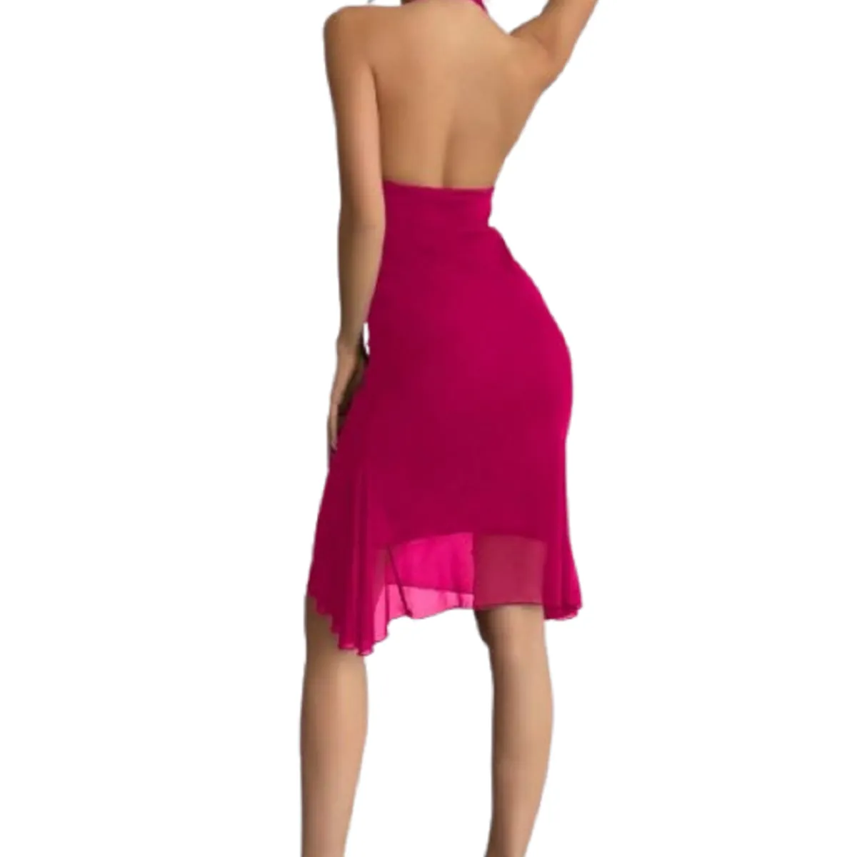 GENERICO - Vestido elegante fucsia sin mangas espalda descubierta decoración de pedrería