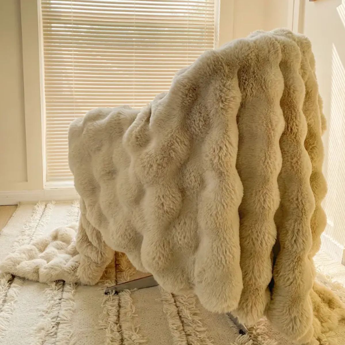 GENERICO - Manta Piel de conejo de lujo suave Multiusos para Cama Sofá beige