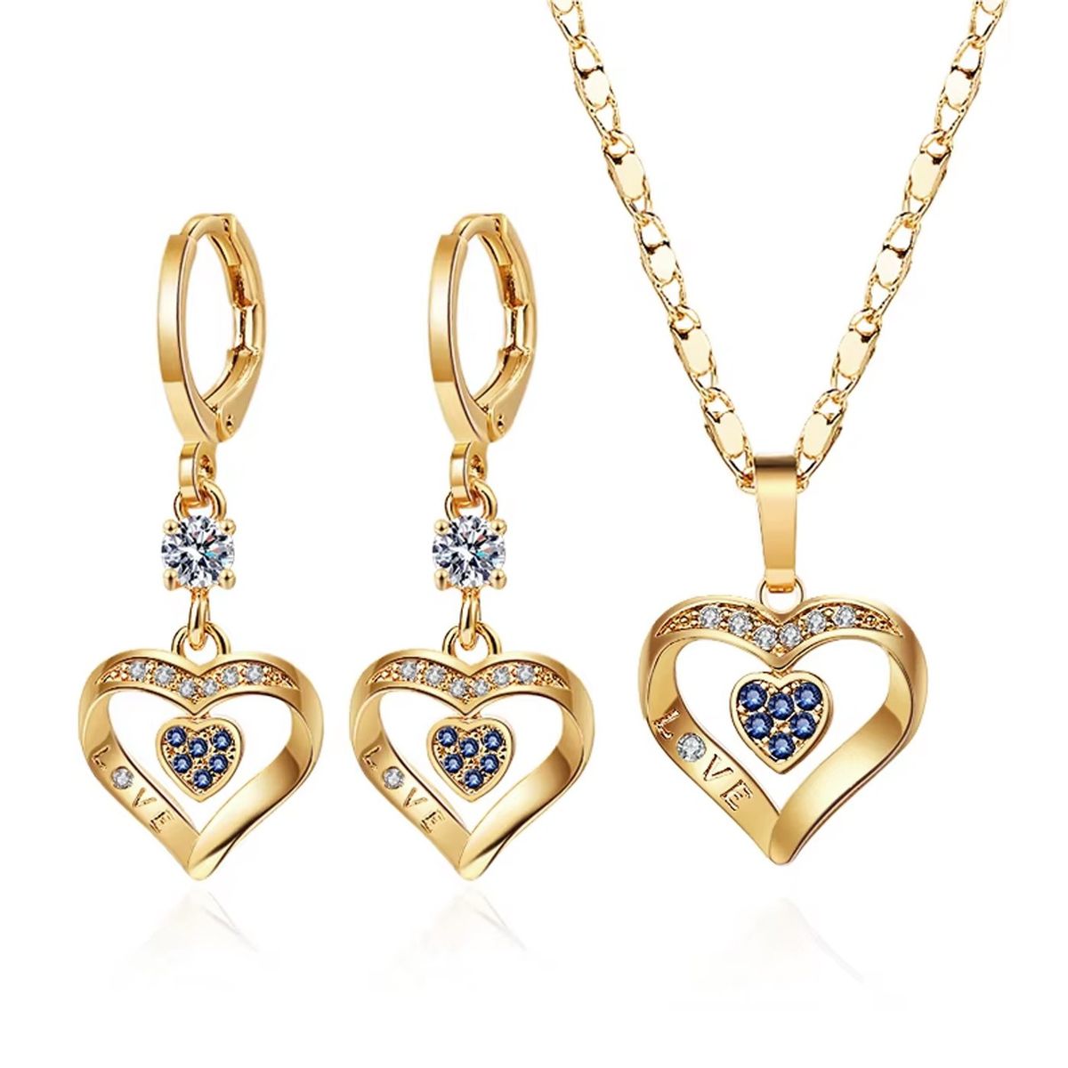 GENERICO - COLLAR Y ARETES PACK 2 EN 1 CORAZÓN PARA MUJER DORADO
