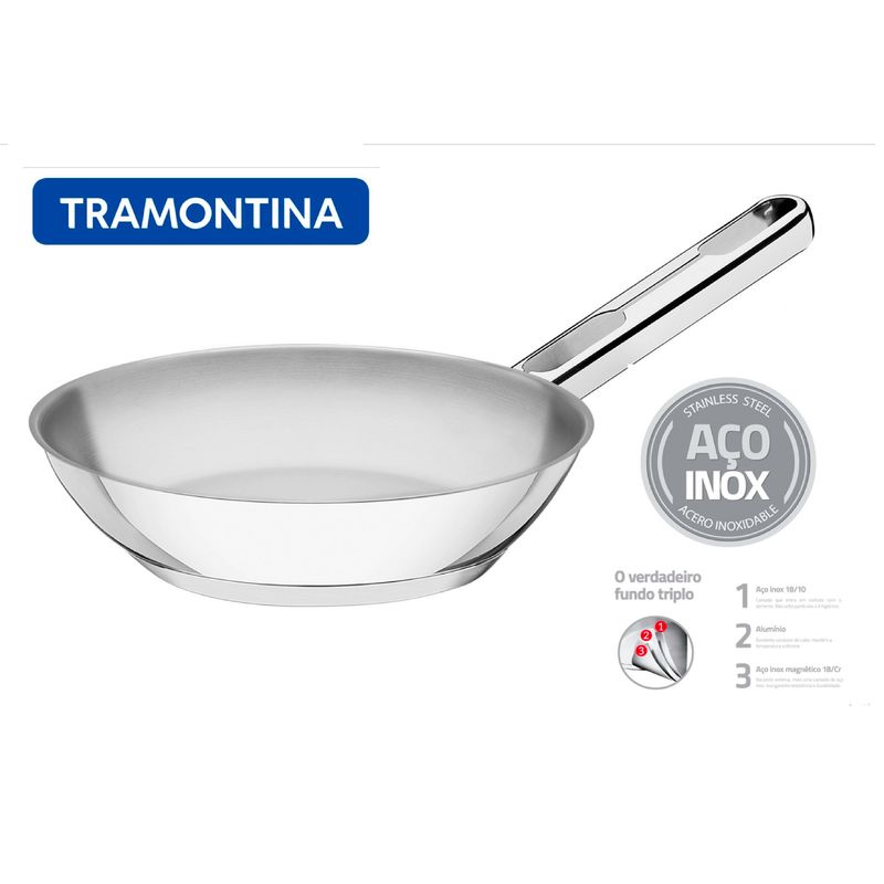 TRAMONTINA - Sartén  de acero inoxidable con fondo triple de 24 cm 2,1 L Tramontina