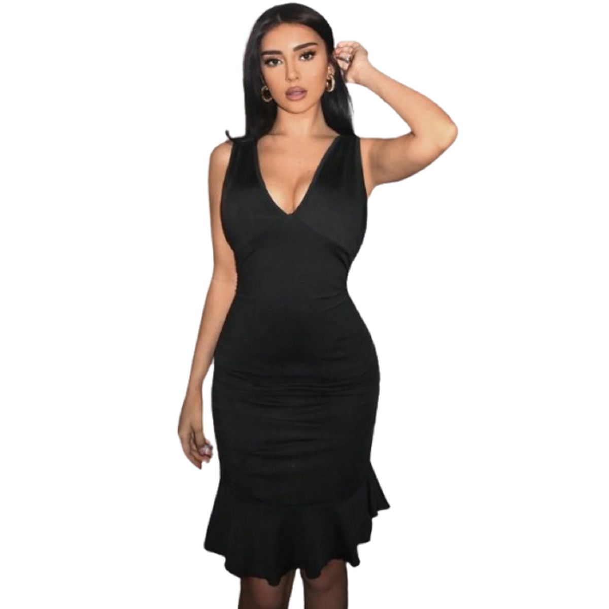GENERICO - Vestido mini negro de mujer con escote en V profundo