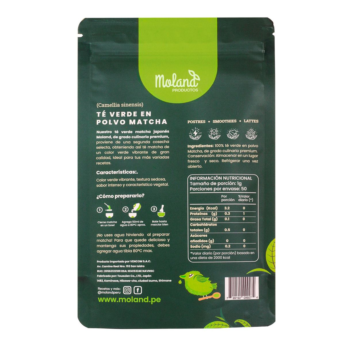 MOLAND - Té Matcha culinario 50g Calidad Premium Japón