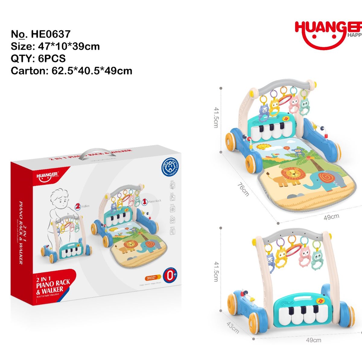 HUANGER - Gimnasio Caminador 2 en 1 Azul Sonido y Luces