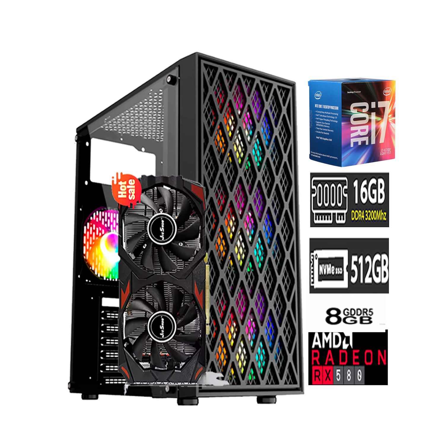 Computadora PC GAMER Core I7 6700 16GB RAM SSD 500GB Tvideo RX 580 8GB CASE RGB