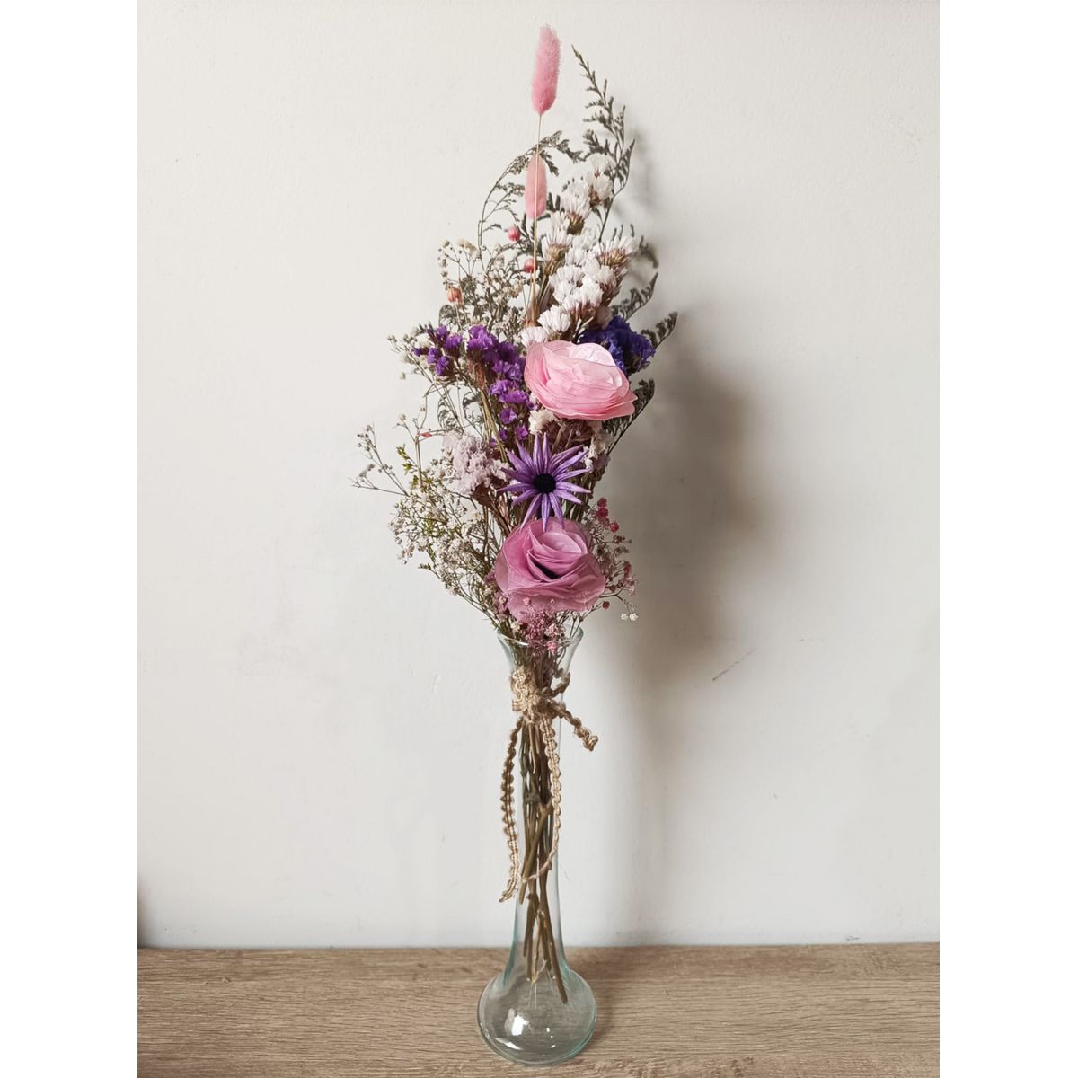 GENERICO - Arreglo flores secas Brisa Rosada florero de vidrio