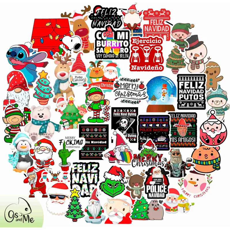 GENERICO - Sticker Navideños pack 50 pegtinas santa renos resistente al agua