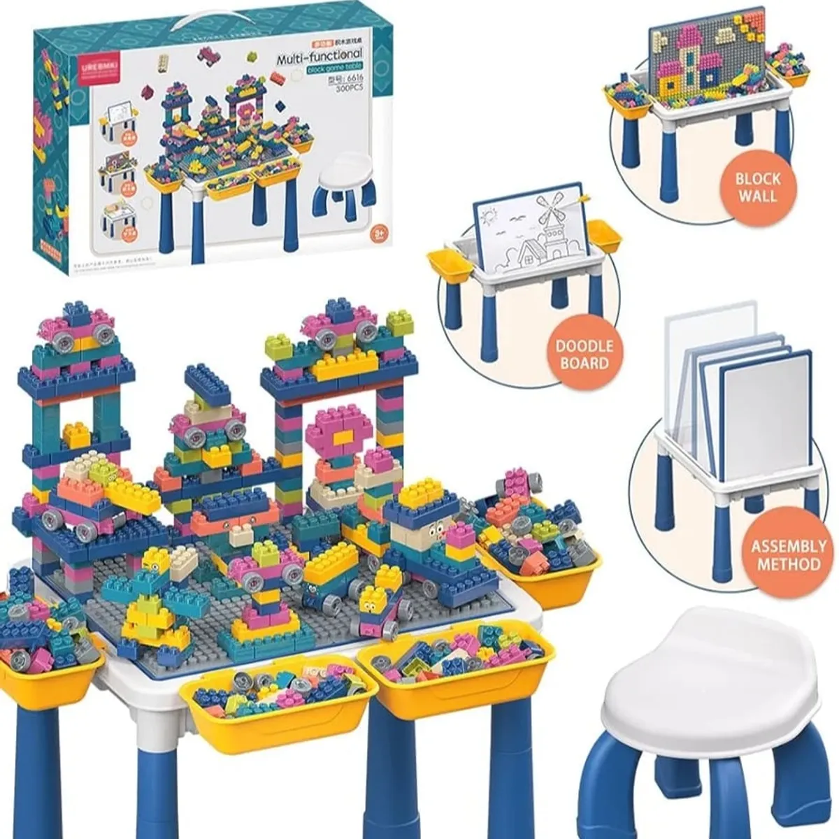 GENERICO - MESA LEGO DIDACTICA 3 EN 1 CON 300 BLOQUES + SILLA