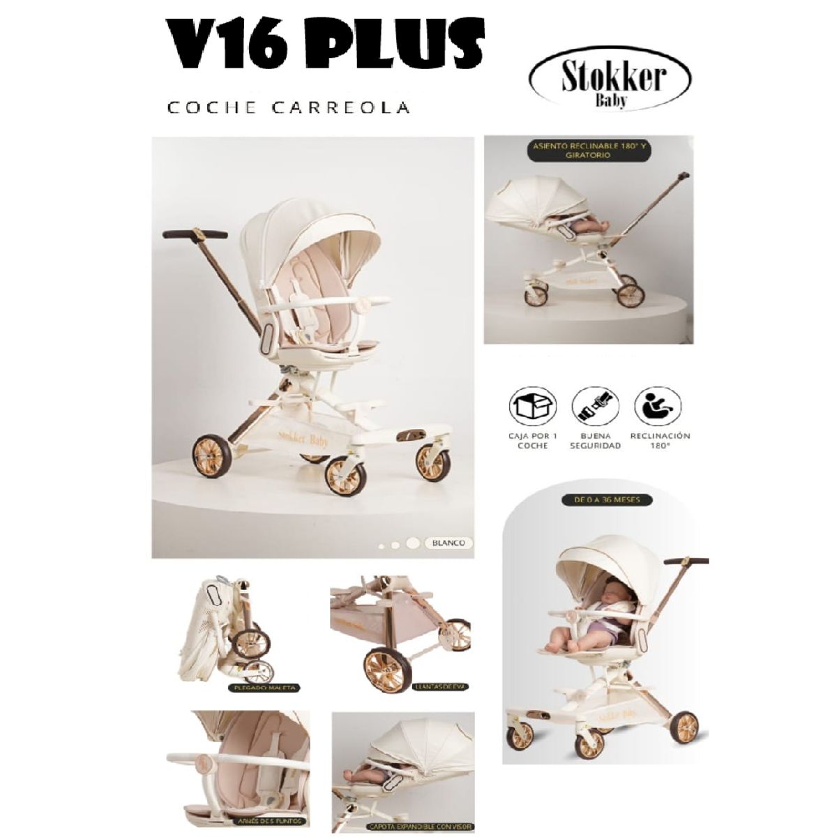 STOKKER BABY - Coche Carriola V16 Plus  Plegado Maleta-Blanco