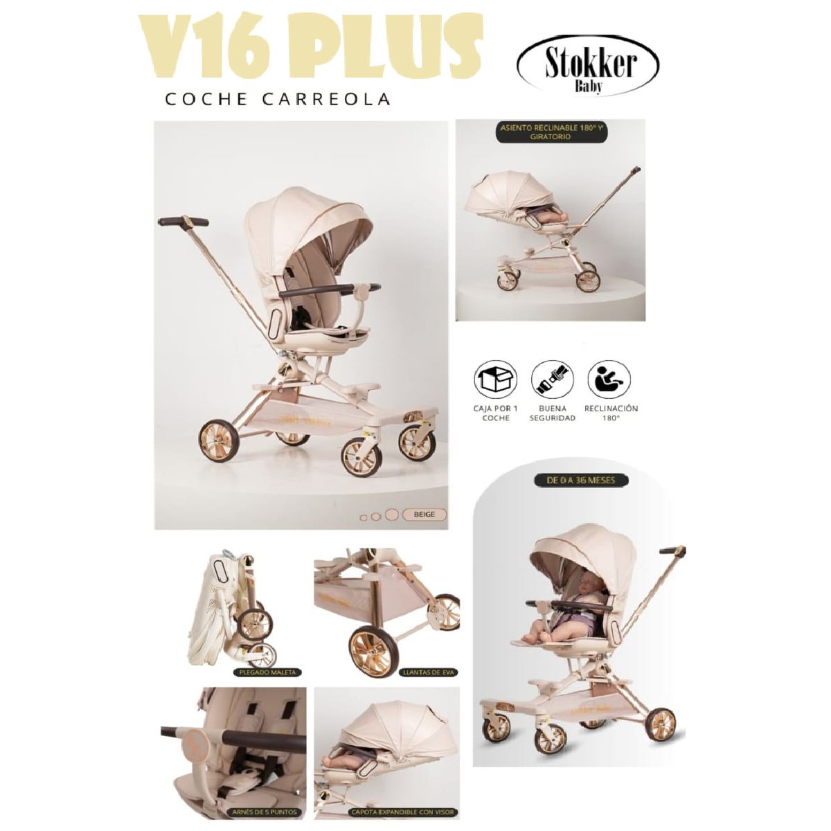 STOKKER BABY - Coche Carriola V16 Plus  Plegado Maleta-Beige
