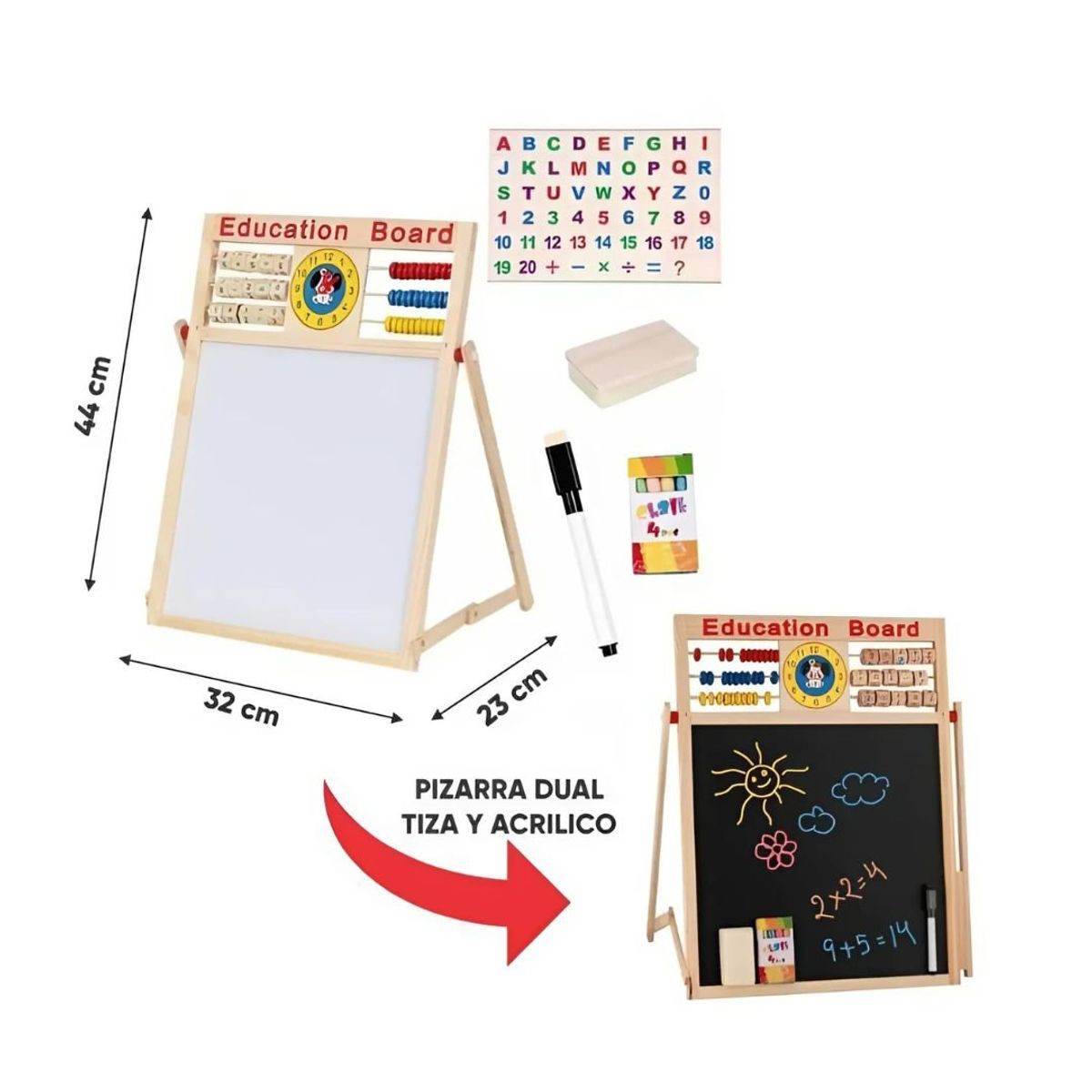 GENERICO - Pizarra Didáctica 2 en 1 de Madera con Ábaco Colorido Mediana