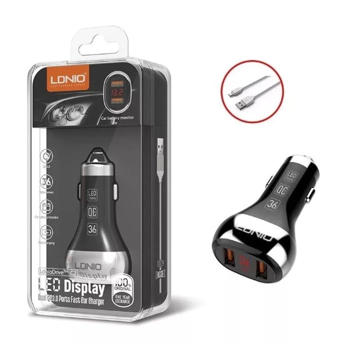 LDNIO - CARGADOR DE AUTO  LDNIO C2 36W LED DISPLAY DUAL QC3.0