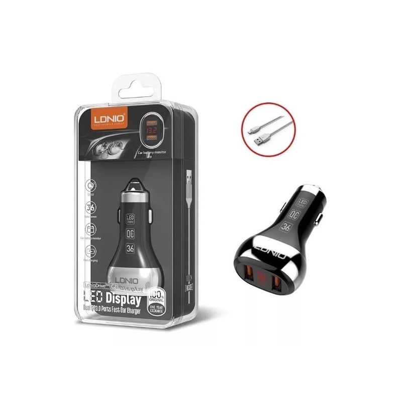 LDNIO - CARGADOR DE AUTO  LDNIO C2 36W LED DISPLAY DUAL QC3.0