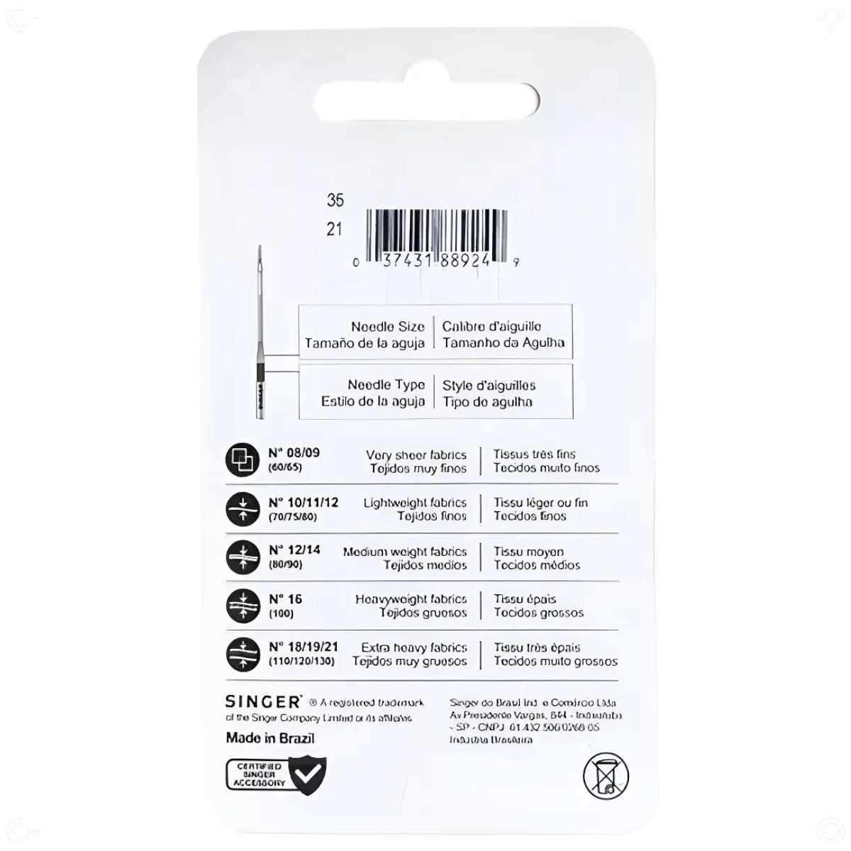 SINGER - Aguja Singer Nro 16 Para Maquinas Coser Domesticas Janome