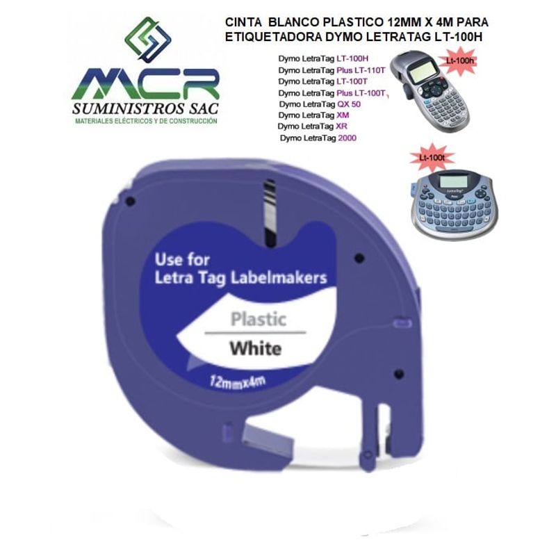 GENERICO - CINTA  BLANCO PLASTICO 12MM X 4M PARA ETIQUETADORA DYMO LETRATAG LT-100H