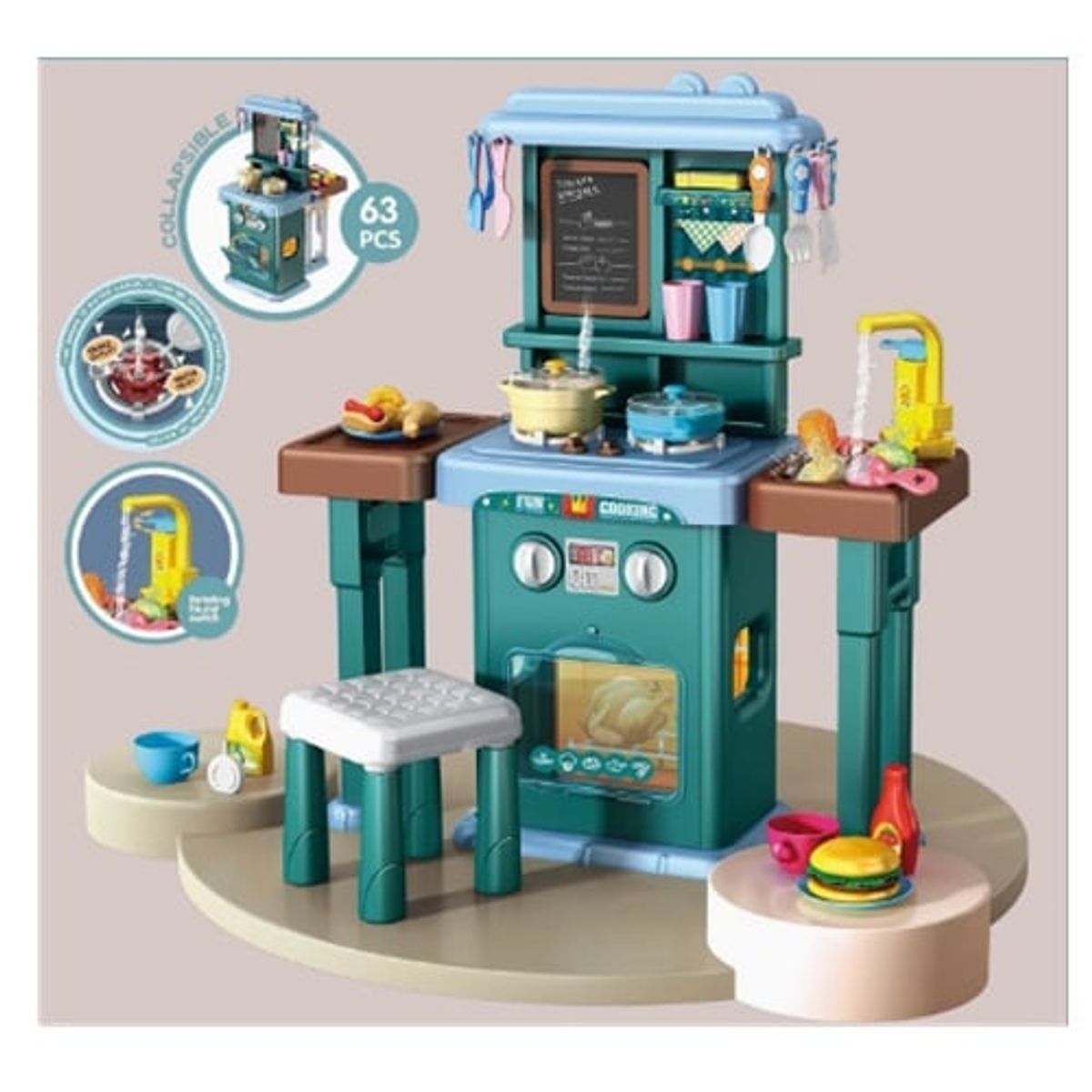 GENERICO - Cocina para Niñas con Caño y Luces Grande Rosa 63pzs