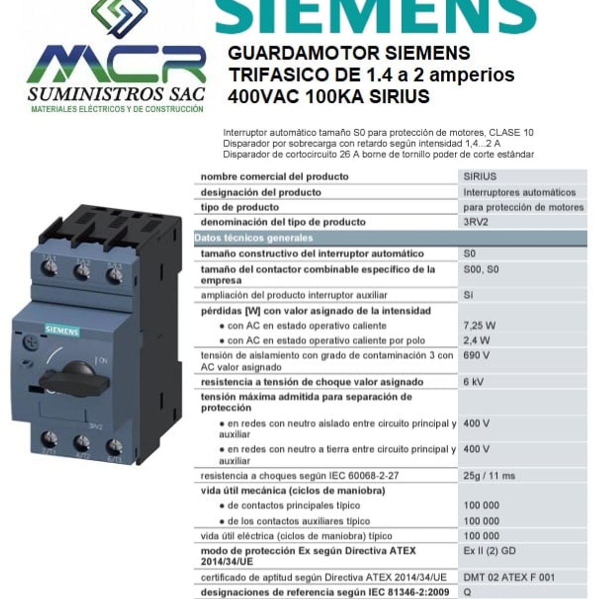 SIEMENS - GUARDAMOTOR SIEMENS TRIFASICO DE 1.4 a 2 amperios 400VAC 100KA SIRIUS