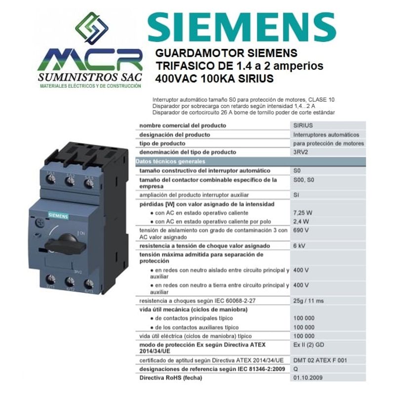 SIEMENS - GUARDAMOTOR SIEMENS TRIFASICO DE 1.4 a 2 amperios 400VAC 100KA SIRIUS