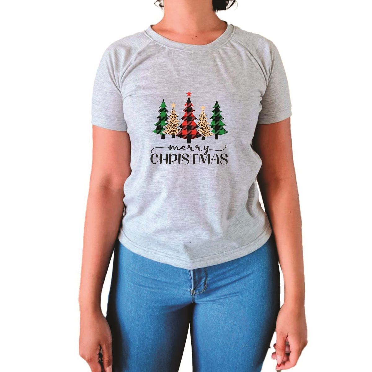 GENERICO - Polo Mujer Manga Corta Pinos Navidad - Nathalie Love It - Gris