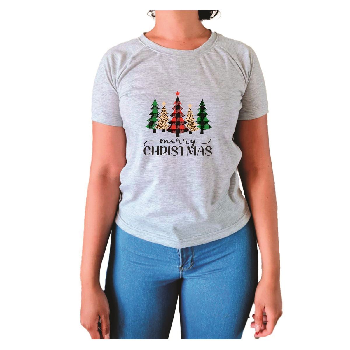 GENERICO - Polo Mujer Manga Corta Pinos Navidad - Nathalie Love It - Gris