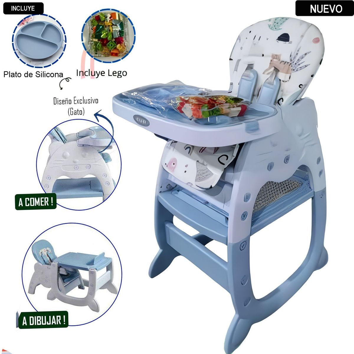 HI BABY - Silla Carpeta Hi Baby Gato 3 en 1 Azul con Plato y Lego