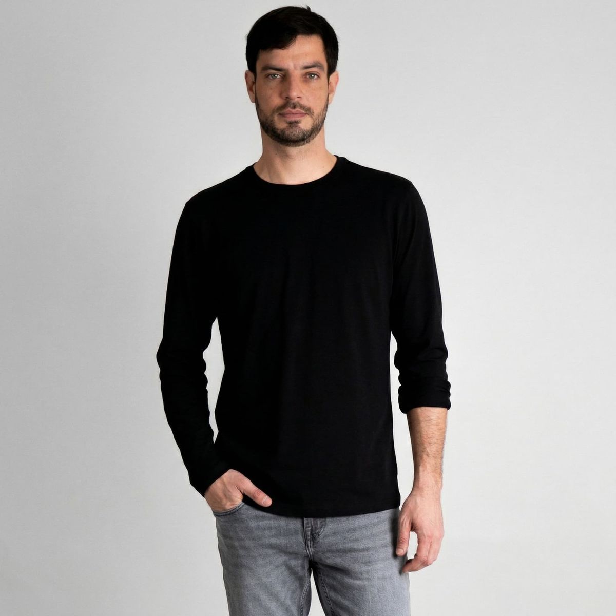 DROP THE LABEL - Polo Manga Larga Hombre Negro 100% Algodón Pima