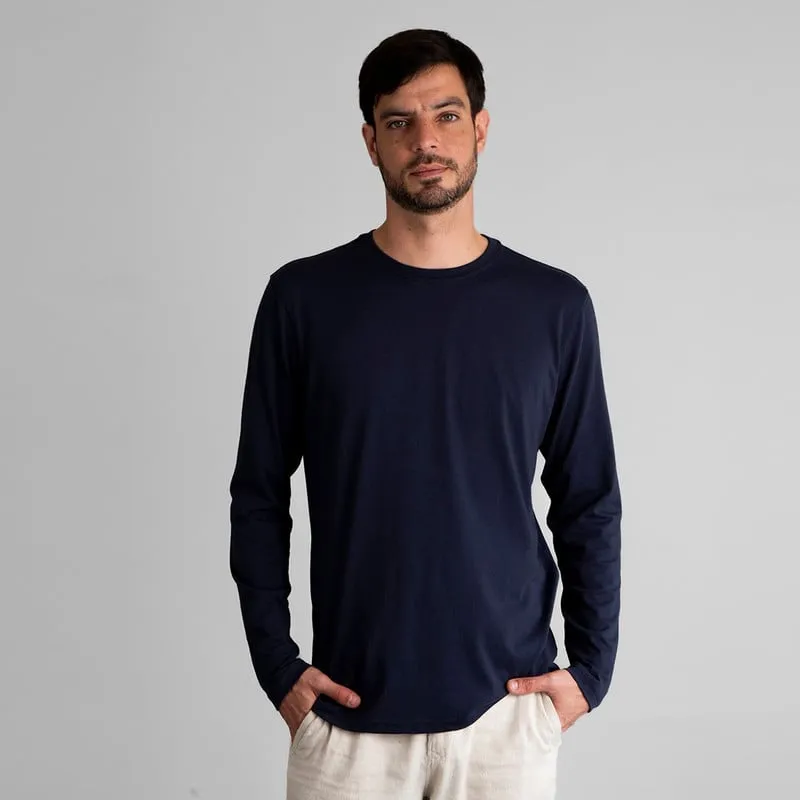DROP THE LABEL - Polo Azul Oscuro Manga Larga para Hombre Drop the Label Cuello Redondo Algodón Pima