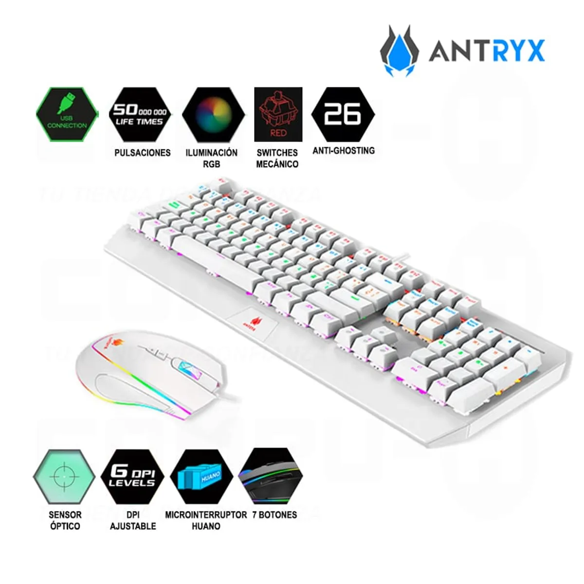 ANTRYX - KIT ANTRYX GC-5100 WHITE TECLADO MECANICO SWITCH RED + MOUSE RGB