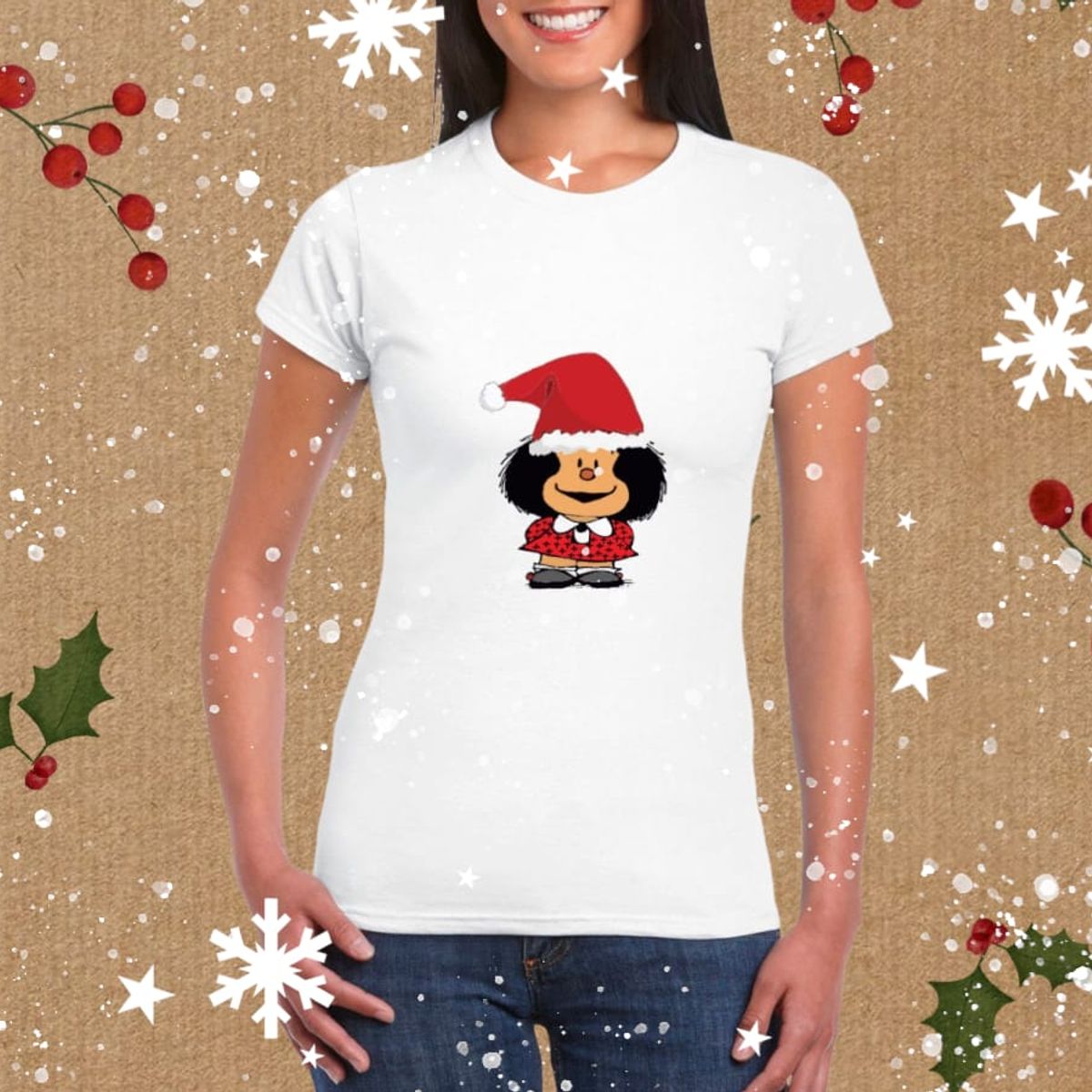 GENERICO - Polo Mujer Manga Corta Mafalda Navidad - Nathalie Love It - Blanco