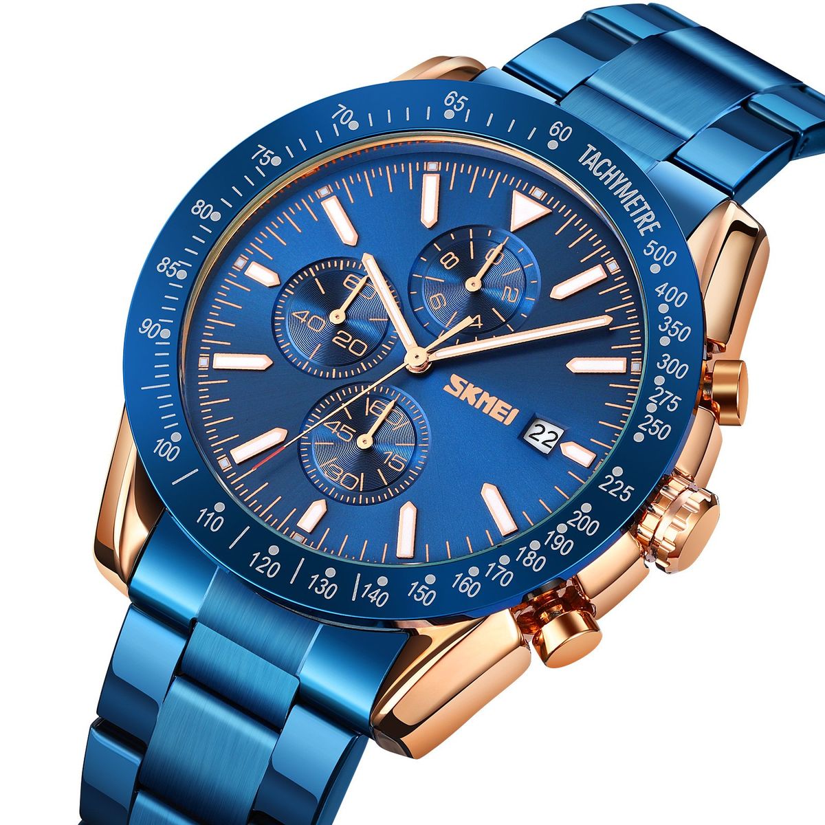 SKMEI - Reloj Skmei 9253 AZUL BORDES ORO ROSA CORREA ACERO