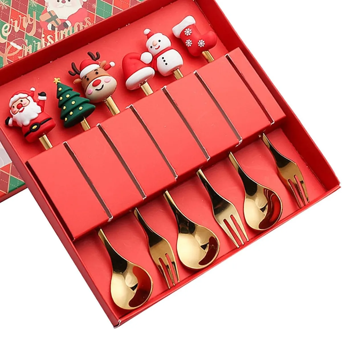 GENERICO - Juego de cubiertos dorados 6 piezas cucharas y tenedores de Navidad