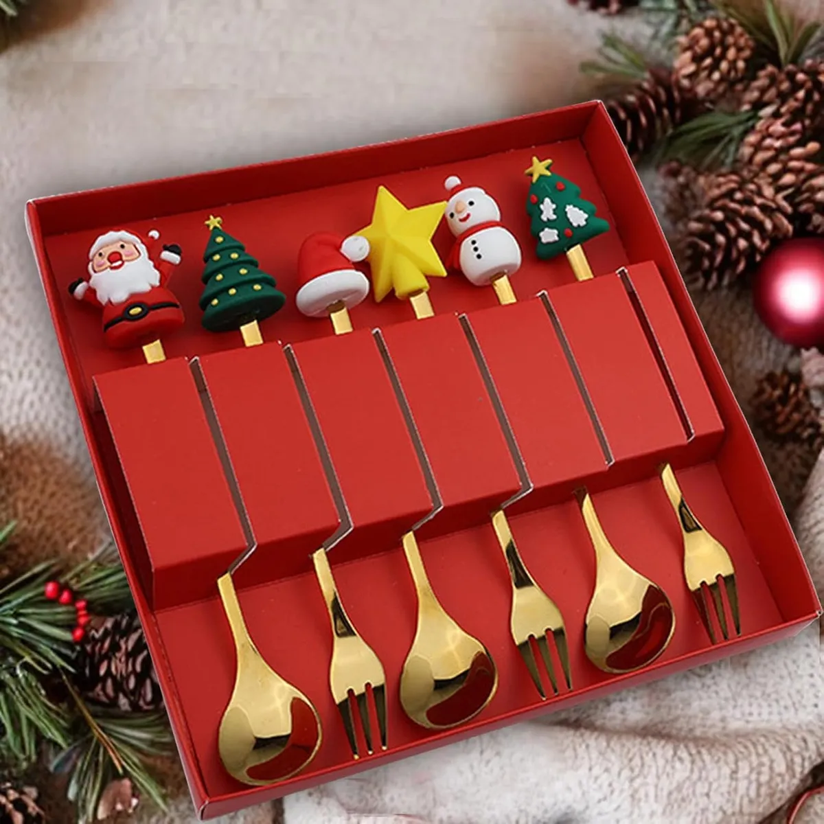 GENERICO - Juego de cubiertos dorados 6 piezas cucharas y tenedores de Navidad