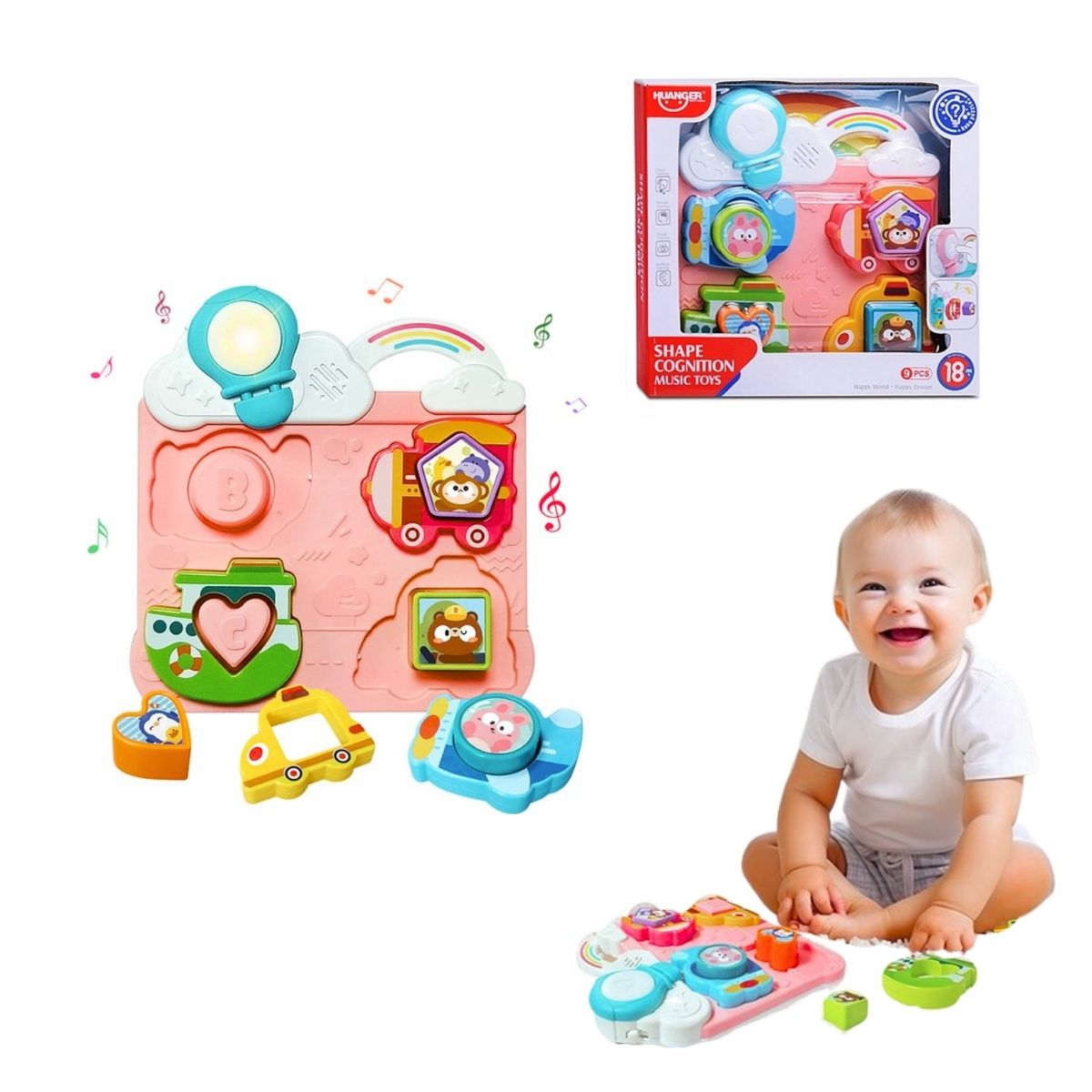 HUANGER - Juguete Tablero Montesorri de Encaje Musical y Luces Rosado