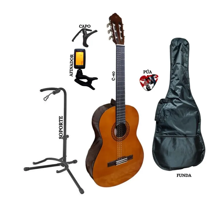 YAMAHA - Pack de guitarra Yamaha C40 &Estuche&Parante&Afinador&Capo