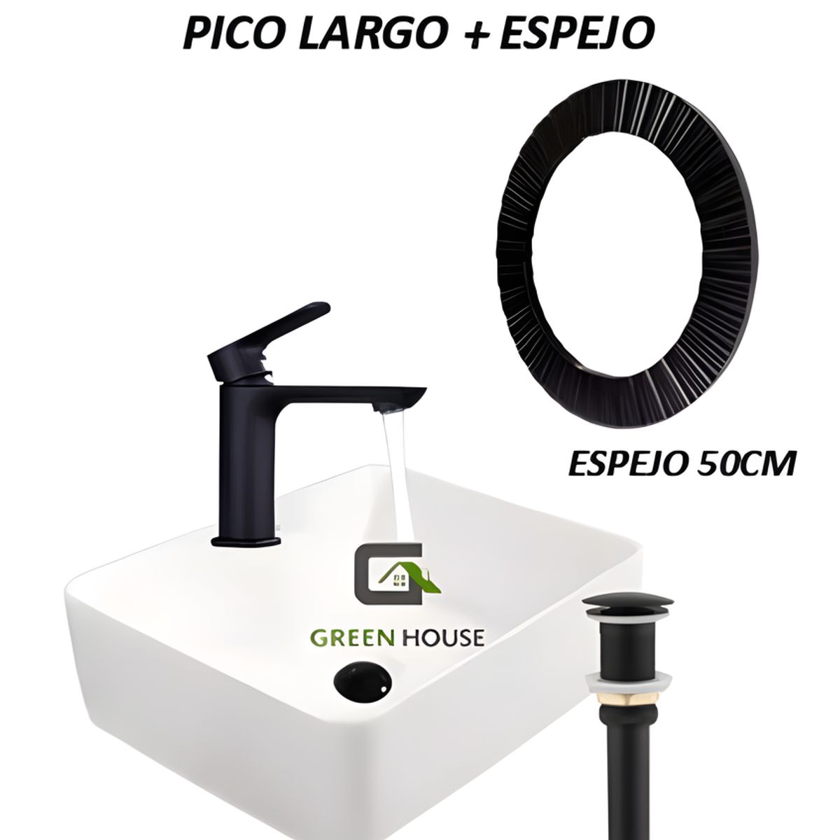 GREEN HOUSE - COMBO LAVATORIO LOZA BLANCO + MEZCLADORA PICO LARGO + ESPEJO