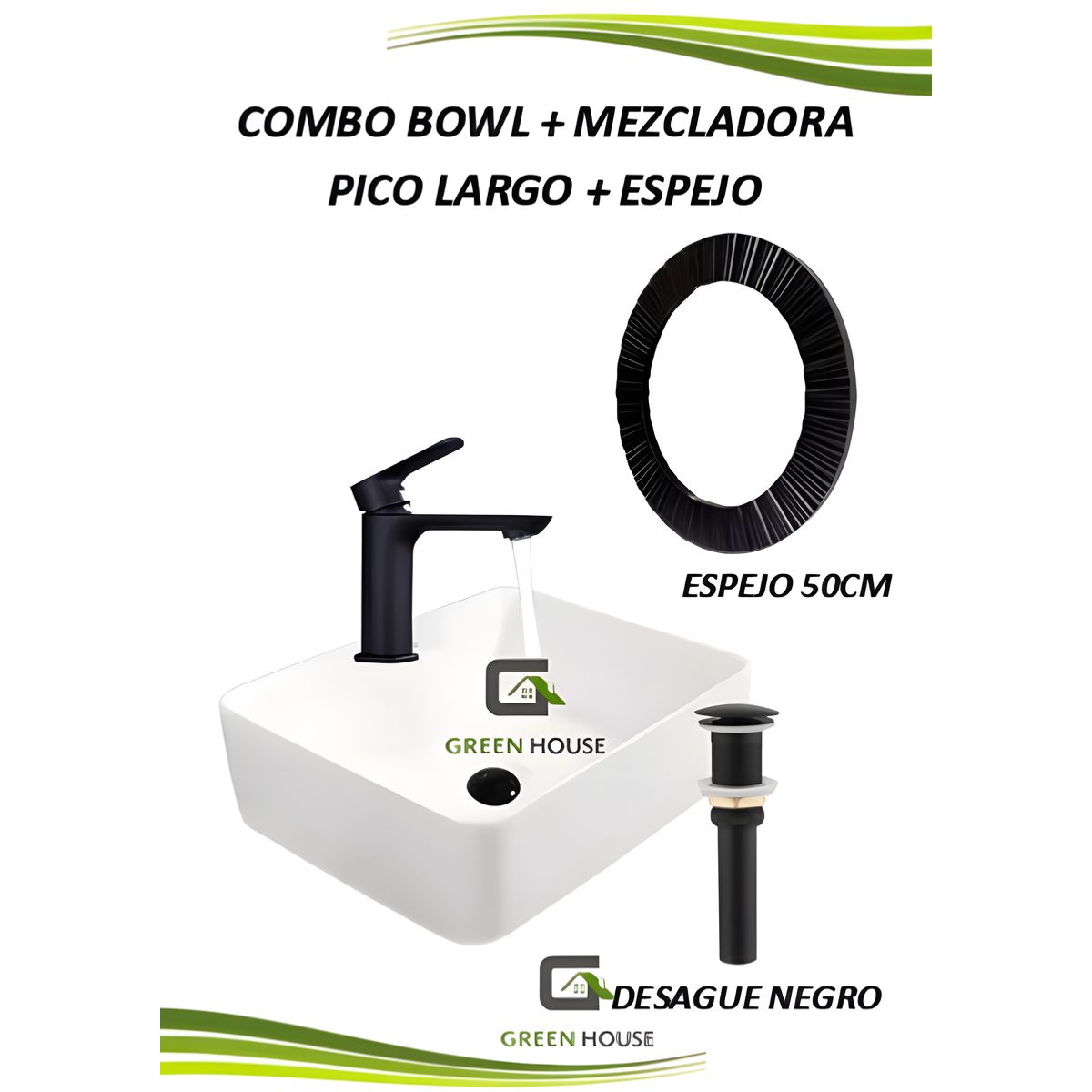 GREEN HOUSE - COMBO LAVATORIO LOZA BLANCO + MEZCLADORA PICO LARGO + ESPEJO