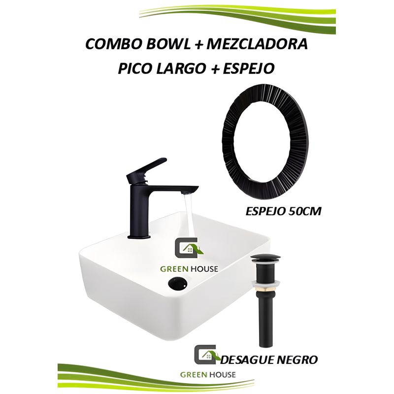 GREEN HOUSE - COMBO LAVATORIO LOZA BLANCO + MEZCLADORA PICO LARGO + ESPEJO