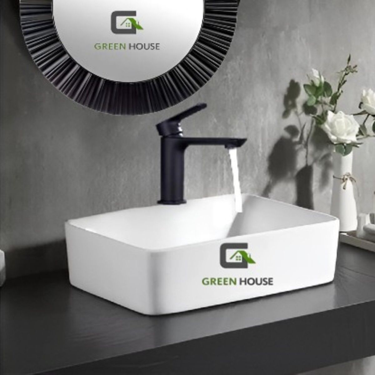 GREEN HOUSE - COMBO LAVATORIO LOZA BLANCO + MEZCLADORA PICO LARGO + ESPEJO
