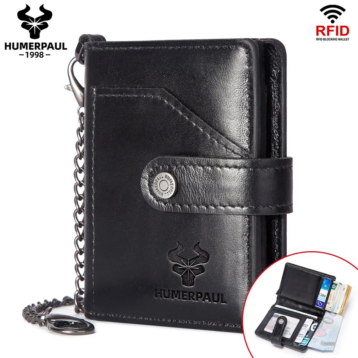 GENERICO - Billetera y Tarjetero de Cuero Vacuno BP981 con Cadena RFID